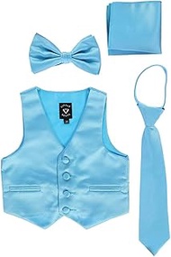 Little Gents 738 Satin Vest w/Zipper Tie Bowtie & Hanky (Aqua, 4T)