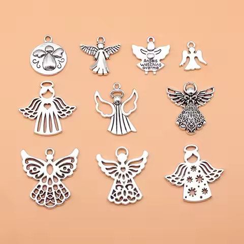 10pcs Antique Silver Color Angel Charms Pendant Collection For DIY Jewelry Making, 10 Styles, 1 of E