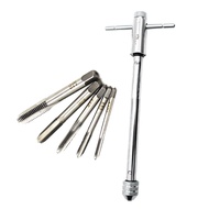 (OFNH) Long Adjustable Silver T-Handle Ratchet Tap Wrench with 5 M3-M8 3mm-8mm Thread Metric Plug Ta