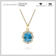 Gemondo จี้ทองคำ 9K ประดับลอนดอน บลู โทแพซ (London Blue Topaz) ล้อมเพชร (Diamond) ทรงวงรีคลาสสิกหรูห