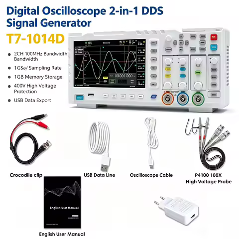 Digital Oscilloscope 1014D 2-in-1 DDS Signal Generator 2CH 100Mhz 1GSa/s Sampling 1GB Memory Portabl