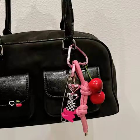Y2k Cute Cherry Alphabet PU Leather Short Lanyard Universal Mobile Phone Lanyard Phone Bag Anti-Lost