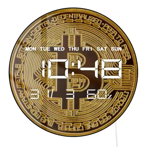 Golden Coin Bitcoin LED Digital Wall Clock For Finances Office Room Cryptocurrency BTC Symbol Art El