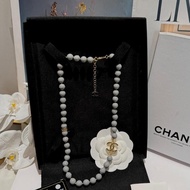 Chanel 香奶奶灰珠雙C黑鑽短鏈項鍊