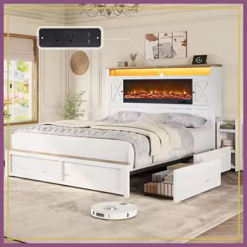 57in Fireplace Bed Frame King, LED, 4 Drawers, Charging Station, Farmhouse White