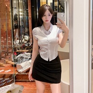 เซ็กซี่ ผ้าซาติน เสื้อเชิ้ตแขนสั้น Bubble ผู้หญิง ฤดูร้อน ดีไซน์ พรางหุ่น เอว Wrap Hip กระโปรง เก๋ไก