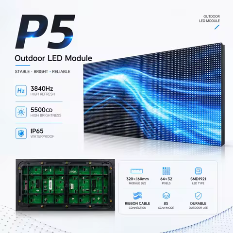 Outdoor P5 Full Color LED Display Module SMD RGB 3 in 1 64*32 Pixel 1/8 Scan 320x160mm P5 LED Panel 