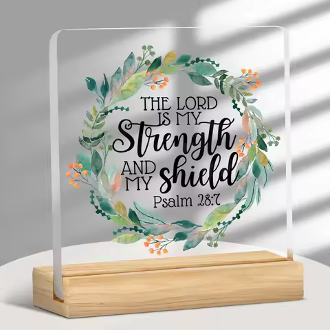Bible Verse "The Lord Is My Strength and Shield" Acrylic Christian Table Decor, Elegant Green Floral