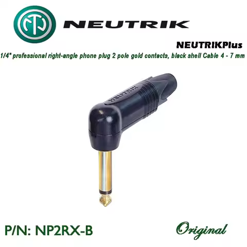 Swiss MADE NEUTRIK NP2RX-B 1/4' Professional Mono Right-Angle Phone Plug 2 Pole Gold Contacts, Black