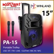 Konzert by Winland PA-15 15" Portable Rechargeable Trolley Speaker w/ 2 Wireless Microphone USB / BT / FM / LINE / GUITAR / MIC IN / NFC Konzert Speaker (1)piece per order