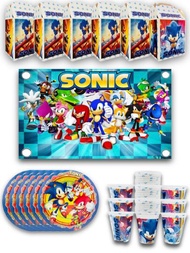 Kit de Fiesta 10 Invitados de Personaje Sonic Desechables 31 pz Artículos Decoración Cartón Platos Vasos Dulceros + Lona