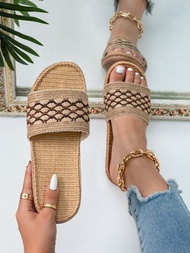 女式時尚棕色格紋亞麻拖鞋,適用於春夏季,適合海灘派對或度假,室內外皆可穿著,編織拖鞋