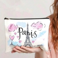 1pc Cartoon Lovely Paris Eiffel Tower Pattern Cosmetic Bag, Double-Sided Printed Toiletry Bag, Trave