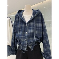 Aiyiyiyi Shirt Jacket Top Cardigan Hoodie S-3XL Retro Plaid Loose Denim Hooded Jacket-11164.