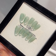 【HANDMADE】Artificial Nail Almond Shape Summer Mint Green Cat Eyes Phototherapy Nails Fake Nails Reus