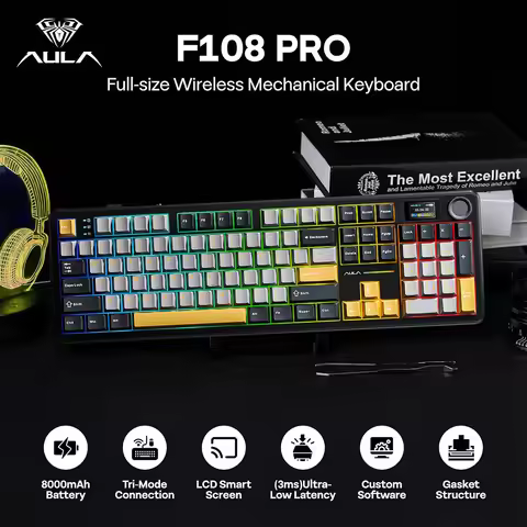 AULA F108 PRO 108 Key Mechanical Keyboard RGB Backlit Hot Swappable PBT Keycap 8000mAh Battery Full 