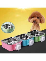 1入正方形掛式寵物碗貓碗狗碗小型狗泰迪狗食物碗可固定的掛籠碗不銹鋼掛式碗