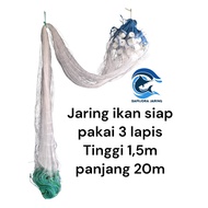 Ready-to-use 3-layer fishing net 1.5m high 20m long 21 inner net 2in string 0.20mm outer net 5in str
