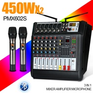 PMX602D/PMX602S Pengaduk Audio Profesional 6 saluran mixer Penguat bawaan 450 watt 2 saluran Mendukung pemutaran Bluetooth/UBB/PC/MP3 Mikrofon nirkabel UHF 2 mikrofon genggam Peralatan bernyanyi KTV pertunjukan luar ruangan