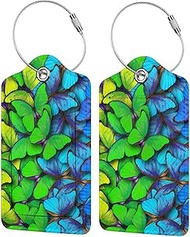 2Pcs Green Blue Butterfly Luggage Tags for Suitcases for Women Girls, Pretty Leather Suitcases Tag with Stainless Steel Loop Privacy Cover ID Label Travel Bag Tags Luggage Identifiers for Kids Adults