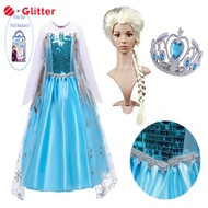 Dress for Kids Girl Frozen Elsa Cosplay Costume Blue Long Sleeve Snow Queen Princess Dress with Cape Crown Wig Outfits for Girls Party Wedding Clothes
