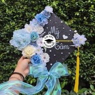 Graduation Hat Decorated with Flowers in Blue Tone, Graduation Hat, Graduation Gift