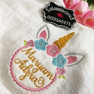 【Malaysia Ready Stock】ஐ🍭 Towel Baby Sulam Nama 100% Cotton Tuala mandi newborn budak taska tadika Serap Air Unicorn Bal