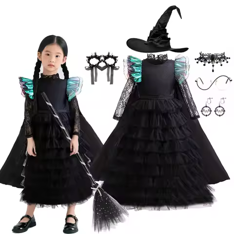 Halloween Wicked Costume Kids Princess Cosplay Black Lace Dress Elphaba Witch Clothes Carnival Role-