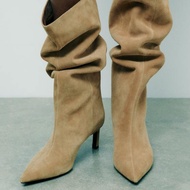 Zara-รองเท้าบูทส้นสูง หัวแหลม หนังเทียม-สีน้ำตาลอ่อน-A100-18