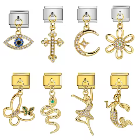 Trendy Luxury Inlaid CZ Butterfly Snake Dance Girl Cross Pendant Italian Charm Link Fit 9mm Stainles