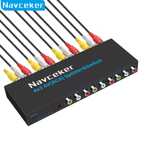 Navceker RCA AV Switch Splitter Box 4 in 3 out AV Audio Video Signal Composite for HDTV LCD DVD 3 RC