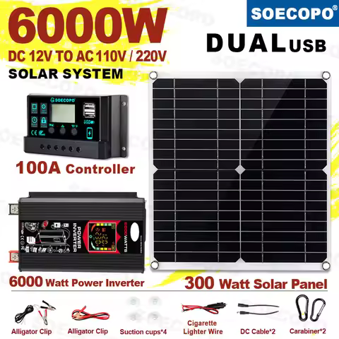 SOECOPO 6000W Solar System DC12V to AC110V 220V 100A MPPT Controller 300W Panel Inverter for Home RV