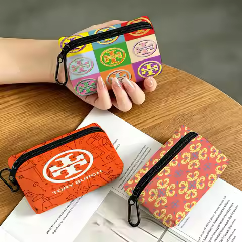 Luxury Brand T-Tory B-Burch Logo Oxford Coin Wallet Detachable Carabiner Hook Compact Storage Bag Fo