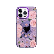 SH | เคส iPhone 16 Pro ลายแมวสีดำกับดอกกุหลาบ ป้องกันกระแทก มีที่ตั้ง เบาบาง