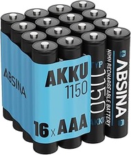 ABSINA AAA Battery 1150 NiMH Pack of 16 - AAA Micro Battery with 1.2 V & Min. 1050 mAh - AAA Batteri