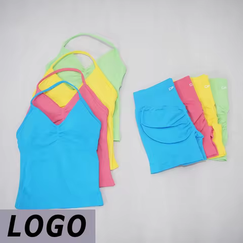 LOGO DF Women Seamless Backless 2 Piece Yoga Workout Set Yoga Vest High Waist Tight Shorts Breathabl