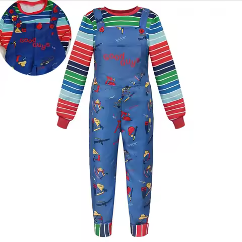 Adult Chucky Cosplay Costume with Striped Shirt and Jumpsuit for Chucky Overalls Halloween Costumes#