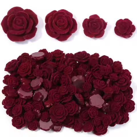20pcs/lot Velvet Resin Rose Flower Beads Korea Style Flat Back Red Artificial Rose Beads For Clothin