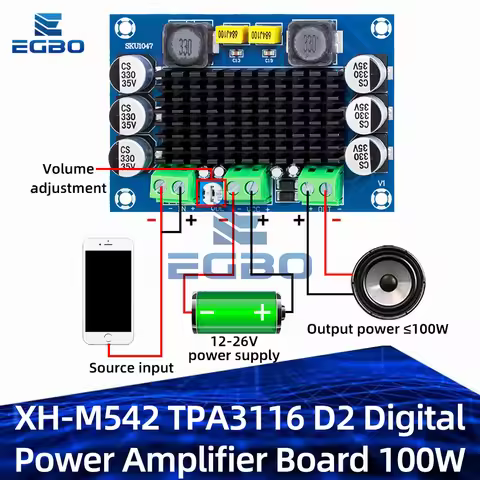 TPA3116D2 Based Mono Amplifier Module - XH-M542 100W High-Power Digital Board for arduino