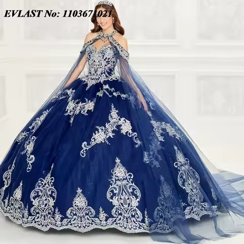 EVLAST Customized Navy Blue Quinceanera Dress Ball Gown Silver Lace Applique Beaded With Cape Sweet 