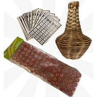 Bingo set with rattan shaker and bingo card black and bingo chips wood back to back numbers