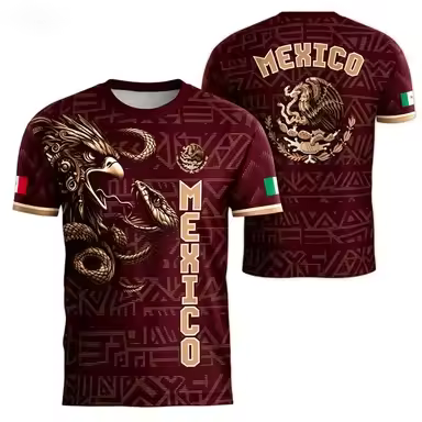 Mexico Theme Short-sleeve T-shirt with Eagle Snake Totem Front Eagle Emblem Back National Flag Side 