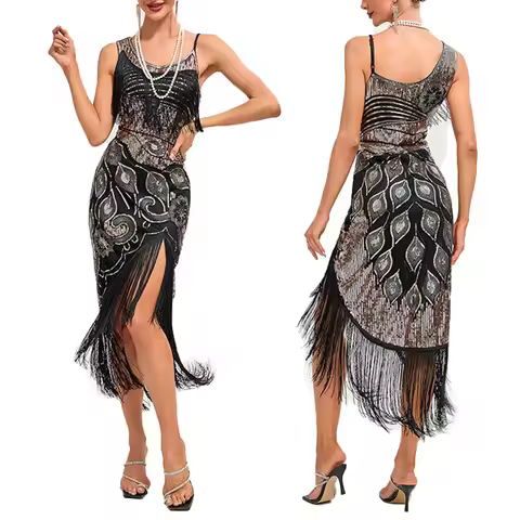 Vintage Flapper Party Dresses Womens Tassels Hem Sequined Cocktail Dresses Retro 20s Cocktail Evenin