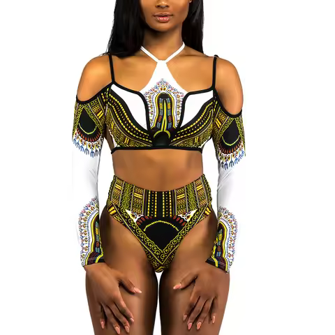 African Print High Waist Bikini Women Swimsuit Long Sleeve Swimwear Female Off Shoulder Two pieces B