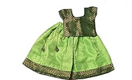 Green Chanderi &amp; Dupion Fabric Short Sleeve Weeding Wear Pattu Pavadai Lehenga Choli for Kids (Color-Green)