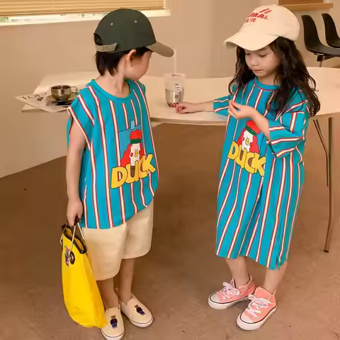6733 Children's T-shirt Brother Sister T Shirt Summer Cartoon Printed Boy's T-shirt Casual Girl's Lo