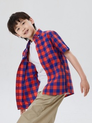 男童裝|純棉格紋翻領短袖襯衫-紅藍格子
