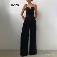 【In stock】Lovito Women Elegant Plain Pleated Jumpsuit LNL41002 KNET QRL7 I3O2