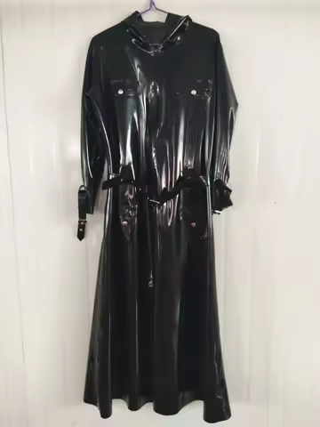 Latex Coat Rubber Unisex Handsome Pure Black Cool Windbreaker Jacket Size Masquerade Party