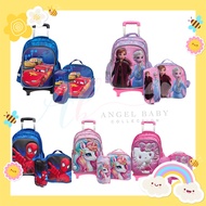 Angel Baby Kids Cartoon Princess Elsa Anna Unicorn Trolley School Backpack Beg Sekolah Rendah Beg Sekolah Roda 3pcs Set